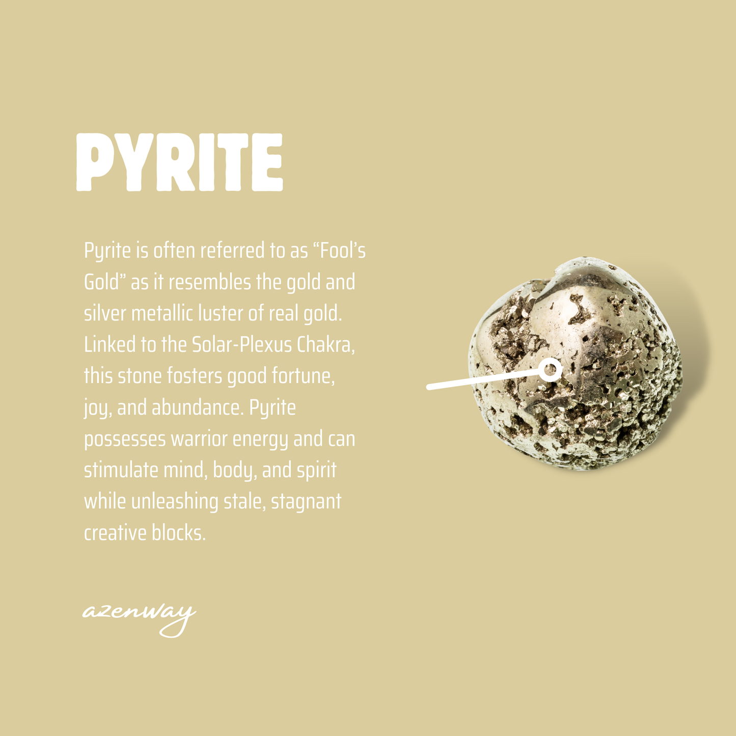 Azenway Pyrite meaning card showing a Pyrite stone and descriptive metaphysical information on a beige background.