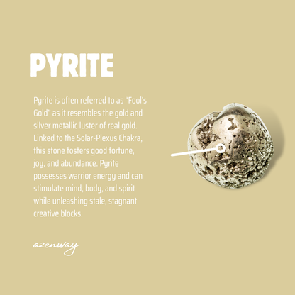 Azenway Pyrite meaning card showing a Pyrite stone and descriptive metaphysical information on a beige background.