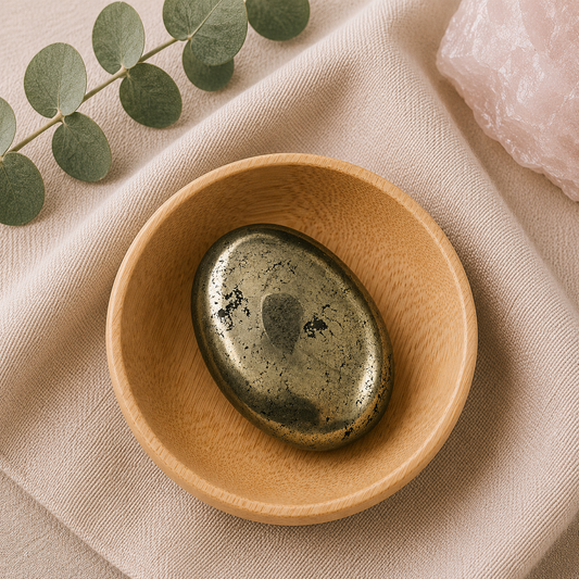Pyrite palm stone resting in a natural bamboo bowl on a neutral linen background with eucalyptus and rose quartz accents.