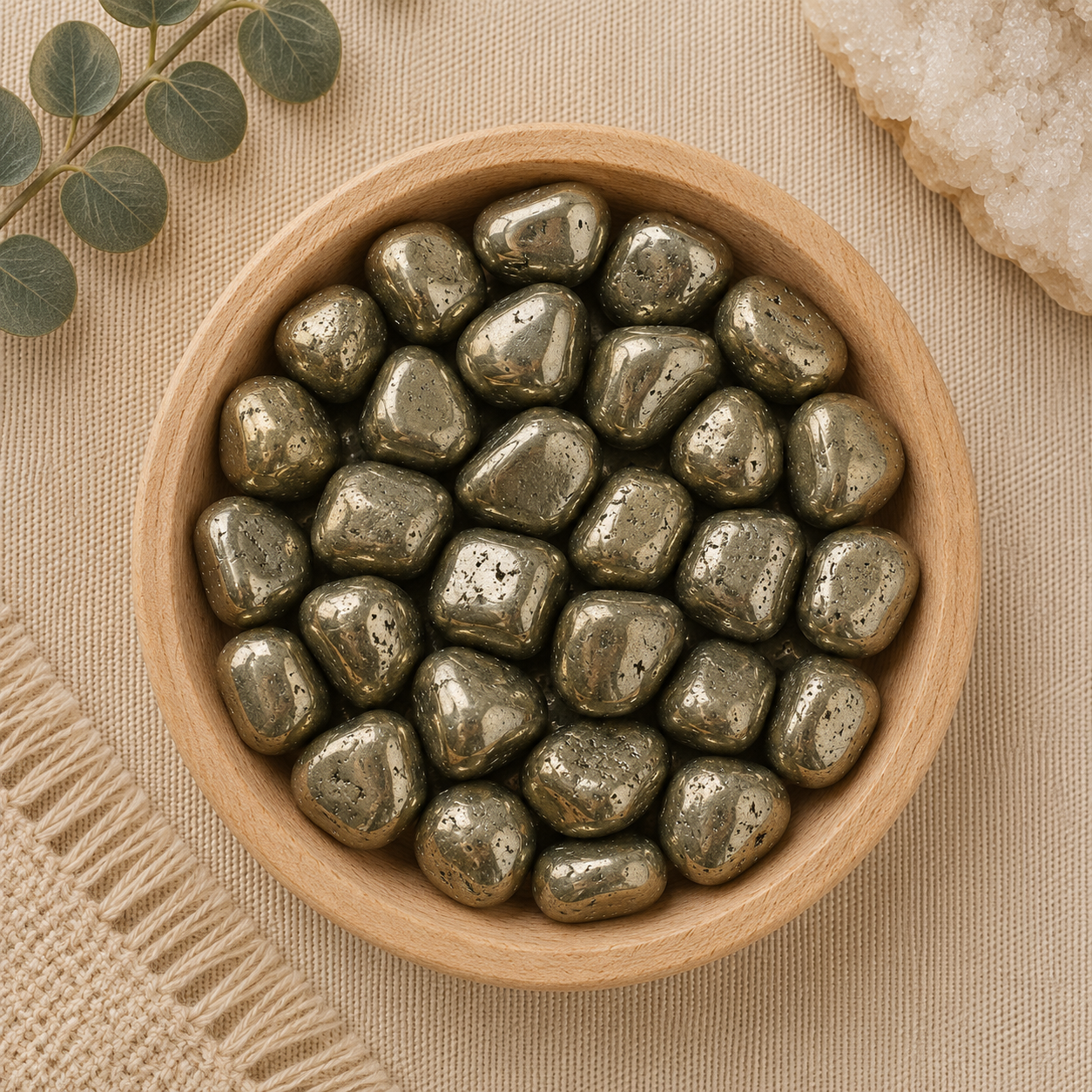 Natural polished pyrite tumbled stones displayed in a round bamboo bowl on a soft beige linen background. The metallic gold gemstones feature a reflective, mirror-like luster with natural mineral flecks and unique shapes. Eucalyptus leaves, a woven cream textile, and a white quartz cluster complete the warm, minimalist, zen-inspired flat lay.