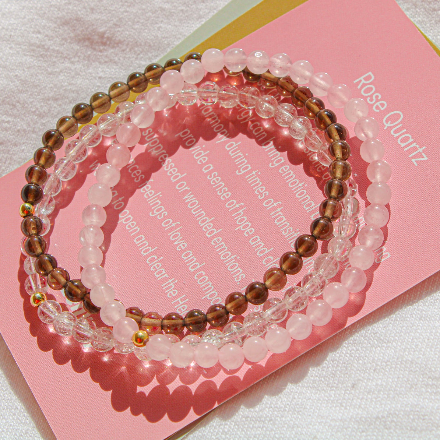 Quartz Power Pack Bracelet Pack – Rose Quartz, Smoky Quartz & Clear Quartz with Hypoallergenic 14k Gold-Filled Beads