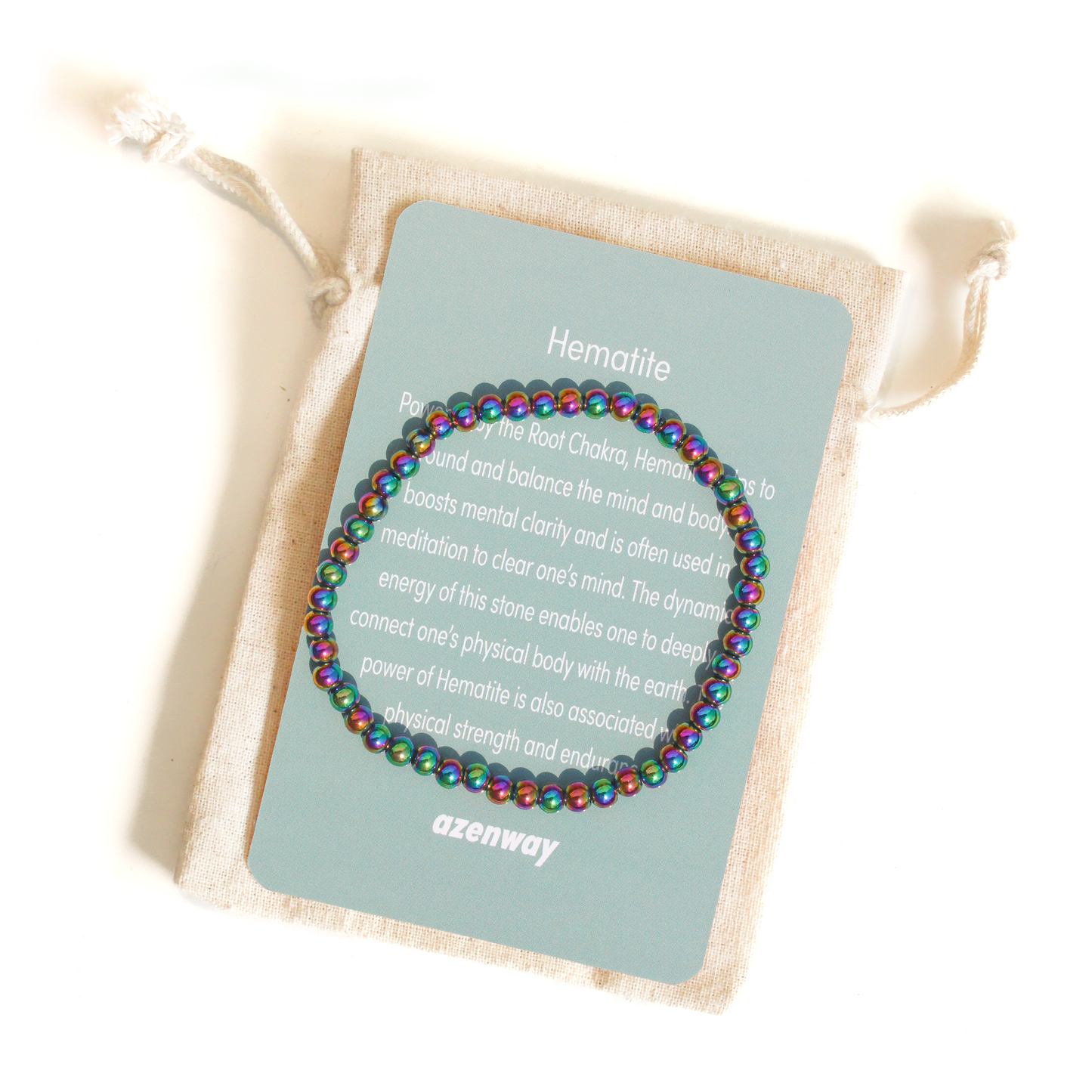 A Rainbow Hematite 4mm beaded bracelet displayed on its Azenway gemstone meaning card, showing iridescent multicolor shine.
