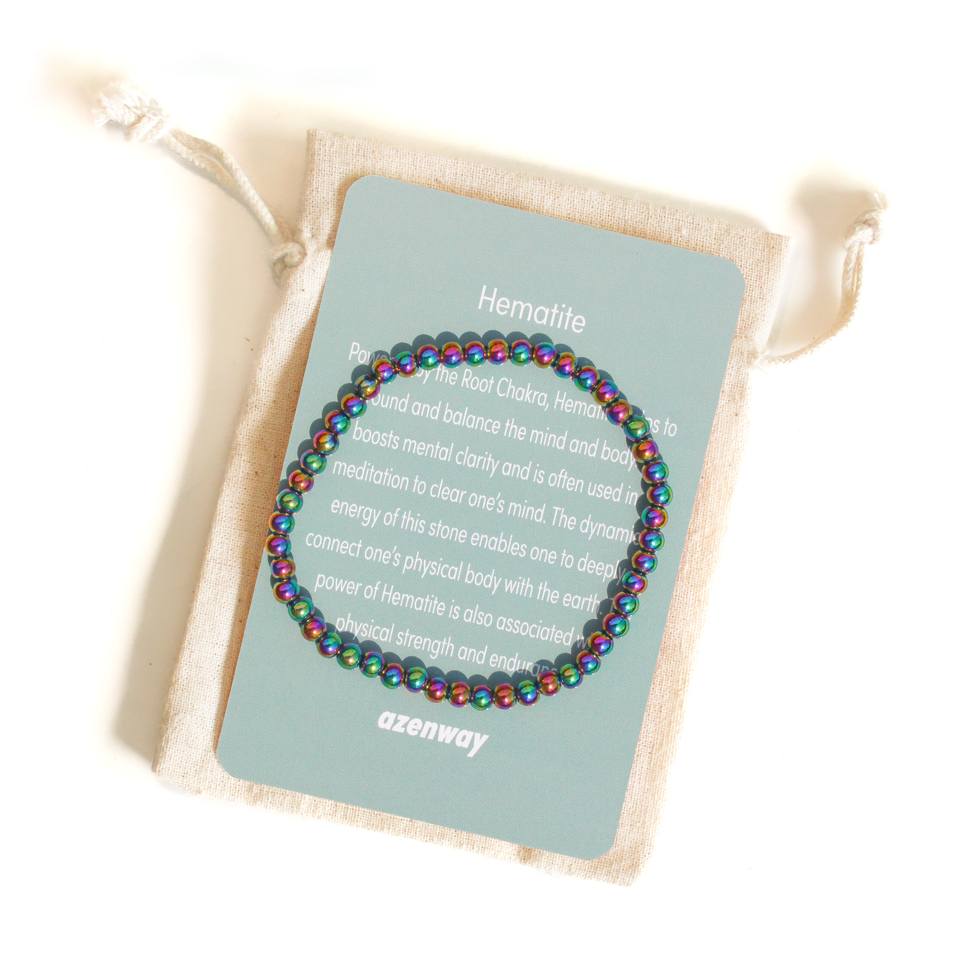 A Rainbow Hematite 4mm beaded bracelet displayed on its Azenway gemstone meaning card, showing iridescent multicolor shine.