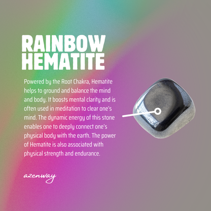 Rainbow Hematite meaning card featuring a polished metallic hematite stone against a colorful rainbow gradient background, with information about grounding, balance, mental clarity, strength, and endurance.