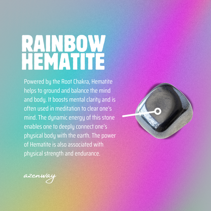 Rainbow Hematite meaning graphic on a colorful gradient background, describing grounding, balance and Root Chakra energy. Azenway branding included.