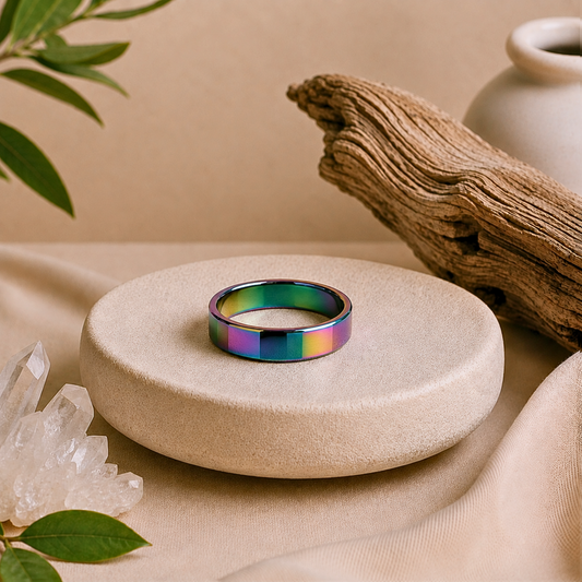 Polished rainbow hematite crystal ring with an iridescent metallic finish in green, blue, purple, and gold tones displayed on a textured cream stone pedestal with clear quartz, driftwood, greenery, and soft beige fabric.