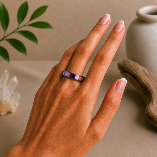Polished rainbow hematite crystal ring with a sleek iridescent finish in purple, blue, green, and gold tones worn on a hand with a French manicure, styled against a warm beige zen-inspired background.