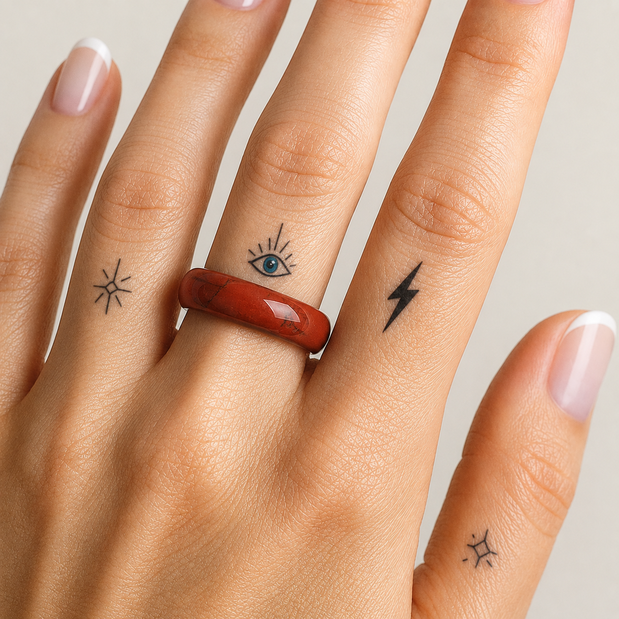 A close-up of a hand wearing a wide, polished red ring on the ring finger, with small black tattoo designs on other fingers.