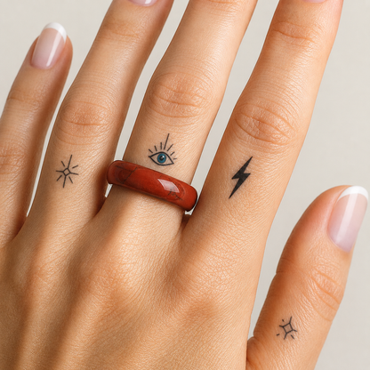 A close-up of a hand wearing a wide, polished red ring on the ring finger, with small black tattoo designs on other fingers.