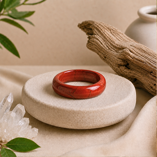 Polished red jasper crystal ring displayed on a textured cream stone pedestal, surrounded by clear quartz, driftwood, green leaves, and soft beige fabric in a warm, zen-inspired setting.