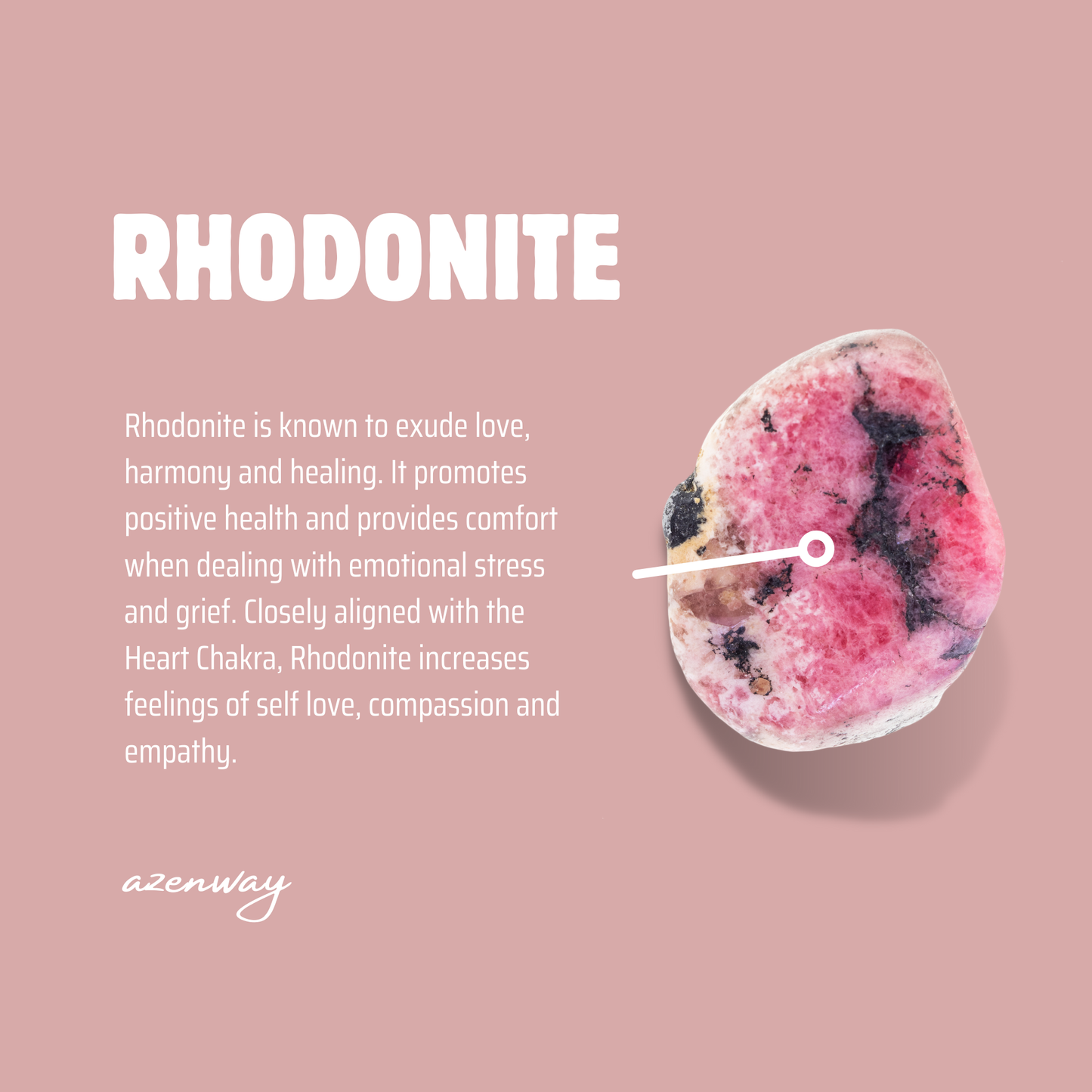 Rhodonite crystal meaning card featuring a polished pink stone and written description of its symbolic qualities.