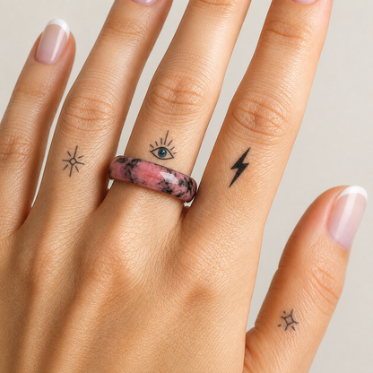 Close-up of a hand wearing a polished rhodonite gemstone ring on the middle finger. The natural stone band features soft pink tones with distinctive black manganese veining, creating a unique marbled pattern. The hand has a French manicure and minimalist finger tattoos, including an eye, lightning bolt, and star designs, set against a soft neutral background with bright natural lighting.