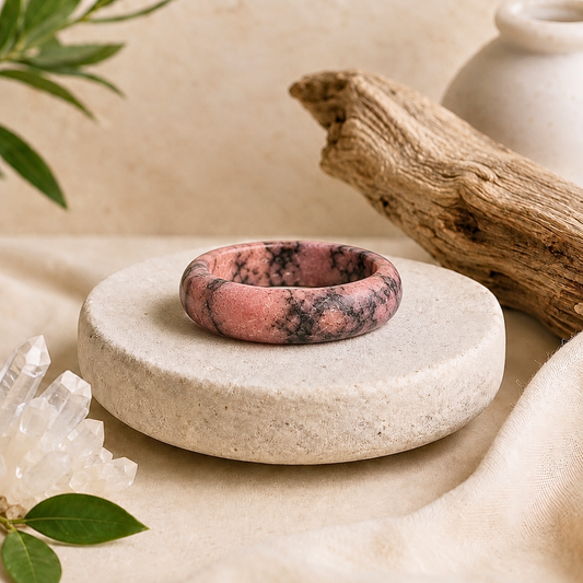 Polished rhodonite crystal ring with natural pink and black marbling displayed on a textured cream stone pedestal, surrounded by clear quartz, driftwood, greenery, and soft beige fabric.