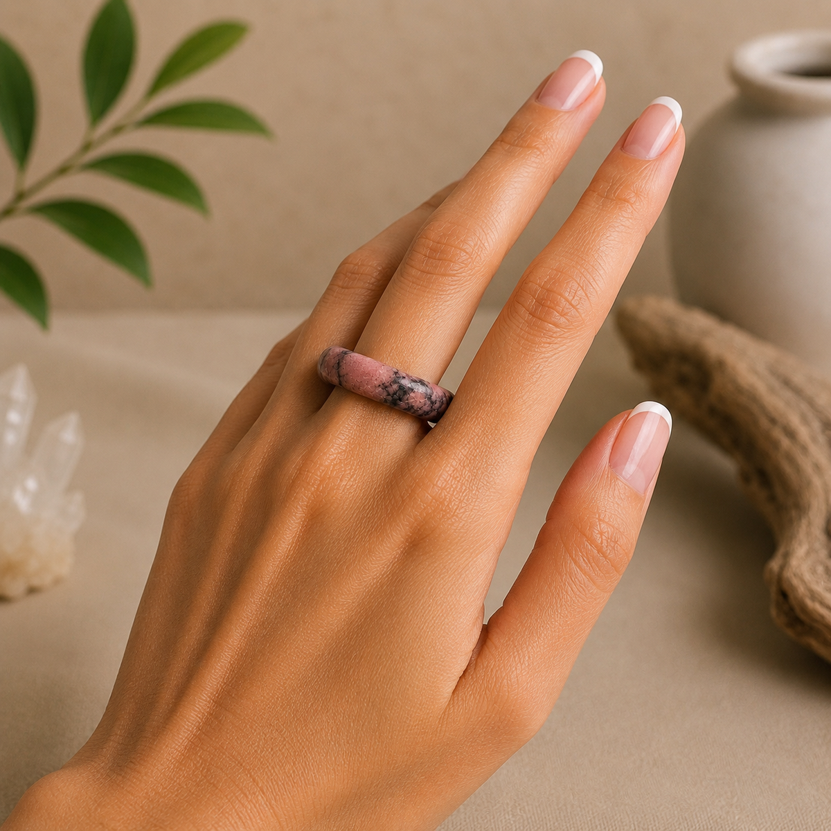 Polished rhodonite crystal ring with natural pink and black marbling worn on a hand with a French manicure, styled against a warm beige zen-inspired background with greenery and driftwood.