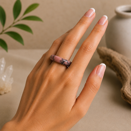 Polished rhodonite crystal ring with natural pink and black marbling worn on a hand with a French manicure, styled against a warm beige zen-inspired background with greenery and driftwood.