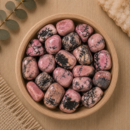 Natural polished rhodonite tumbled stones displayed in a round bamboo bowl on a soft beige linen background. The gemstones feature beautiful shades of soft pink to deep rose with distinctive black manganese veining and natural patterns, making each stone unique. Eucalyptus leaves, a woven cream textile, and a white quartz cluster complete the warm, minimalist, zen-inspired flat lay.