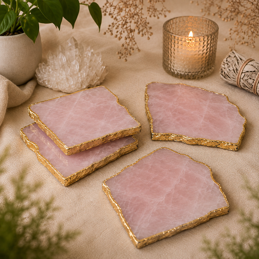 Set of four handcrafted rose quartz crystal coasters with elegant gold edges displayed on soft beige linen. The natural stone coasters are arranged beside a lit candle, quartz crystal cluster, white sage bundle, greenery, and dried botanicals in a warm, calming boho-inspired setting.