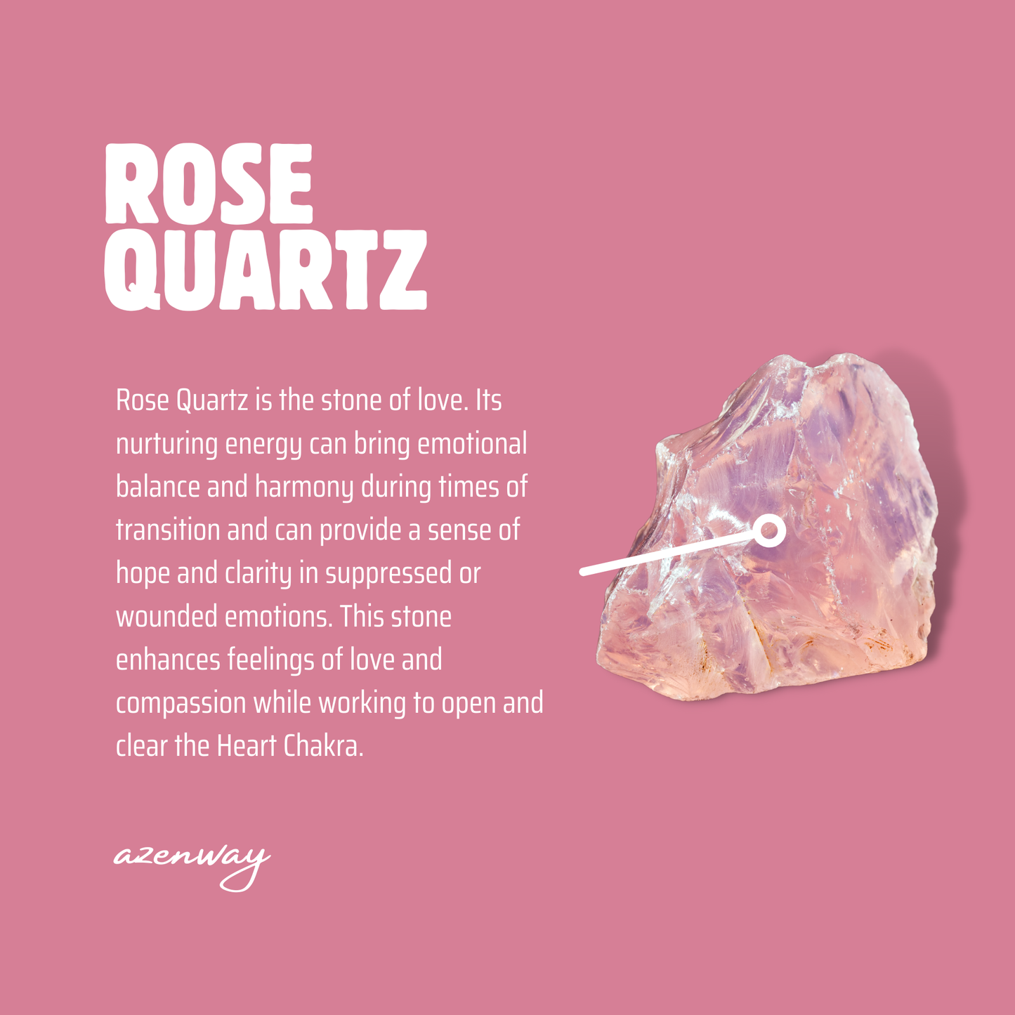 Rose Quartz crystal information card with a raw Rose Quartz stone illustration, describing emotional healing and Heart Chakra energy.