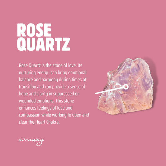 Rose Quartz crystal information card with a raw Rose Quartz stone illustration, describing emotional healing and Heart Chakra energy.