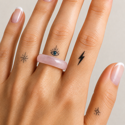 A close-up of a hand wearing a smooth, rose quartz ring on the ring finger, with small black tattoo designs on other fingers against a soft light gray background.