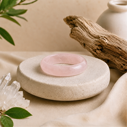 Polished rose quartz crystal ring with soft translucent pink tones displayed on a textured cream stone pedestal, surrounded by clear quartz, driftwood, greenery, and soft beige fabric.