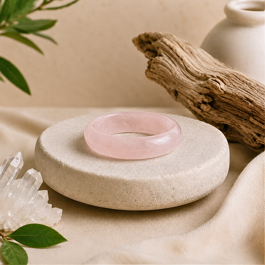 Polished rose quartz crystal ring with soft translucent pink tones displayed on a textured cream stone pedestal, surrounded by clear quartz, driftwood, greenery, and soft beige fabric.