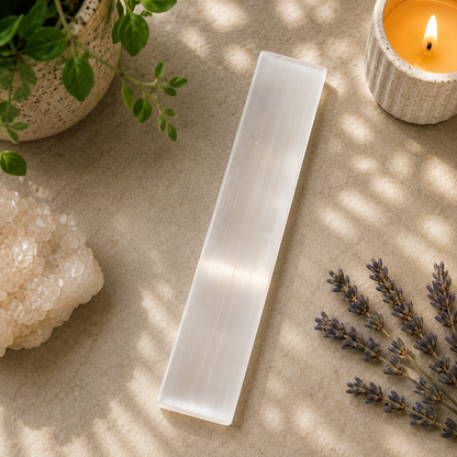 Natural white selenite charging plate displayed on a warm neutral surface with soft natural lighting. The smooth rectangular crystal features silky translucent bands and a subtle pearly sheen. A lit candle, green potted plant, lavender sprigs, and a white quartz cluster create a calming, spa-inspired, zen aesthetic.