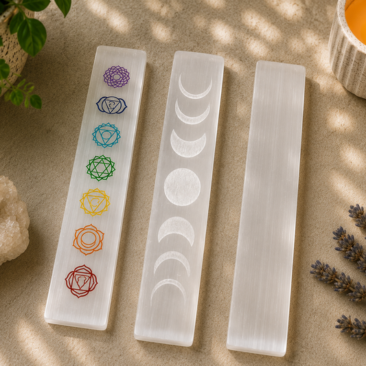 Three natural white selenite charging plates displayed side by side on a warm neutral surface with soft natural lighting. One plate is engraved with colorful chakra symbols, one features etched moon phases, and one has a smooth, unengraved finish. A lit candle, green potted plant, lavender sprigs, and a white quartz cluster complete the calming, minimalist, zen-inspired arrangement.