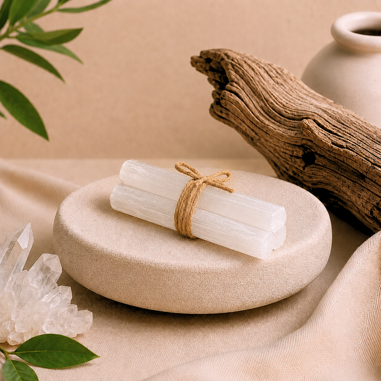 Bundle of three white selenite crystal sticks tied with natural twine, displayed on a round stone pedestal with driftwood, clear quartz, greenery, and soft beige fabric.
