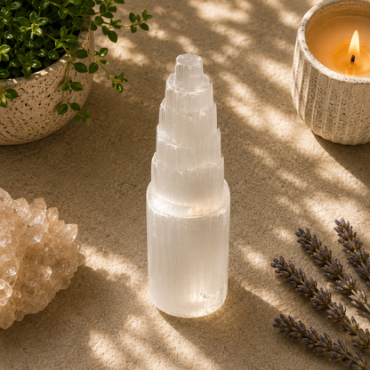 Natural white selenite tower displayed on a warm neutral surface with soft natural lighting. The polished crystal features a classic tiered spiral design with silky translucent bands and a pearly glow. A lit candle, green potted plant, lavender sprigs, and a white quartz cluster create a calming, minimalist, zen-inspired setting.