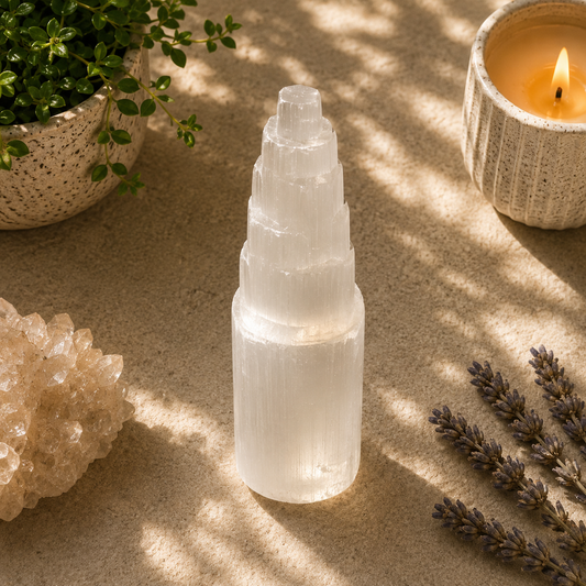 Natural white selenite tower displayed on a warm neutral surface with soft natural lighting. The polished crystal features a classic tiered spiral design with silky translucent bands and a pearly glow. A lit candle, green potted plant, lavender sprigs, and a white quartz cluster create a calming, minimalist, zen-inspired setting.