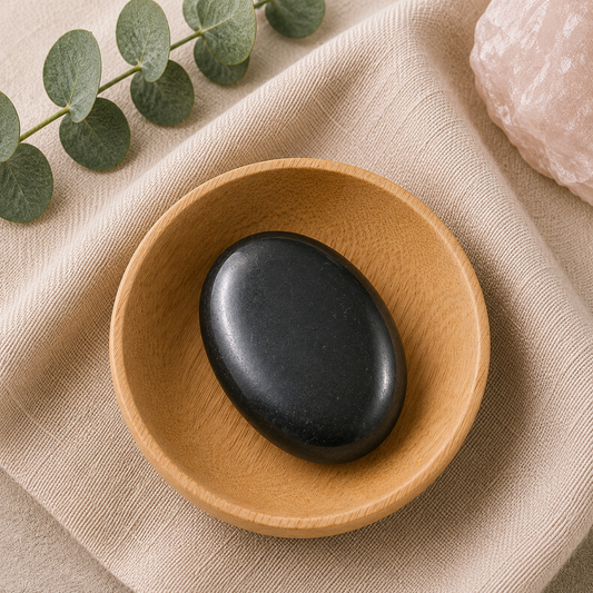 Shungite palm stone resting in a natural bamboo bowl on a neutral linen background with eucalyptus and rose quartz accents.