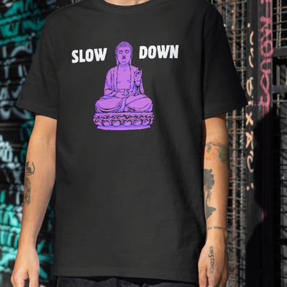 Black t-shirt with purple meditating Buddha graphic and text Slow Down — Azenway mindfulness apparel.