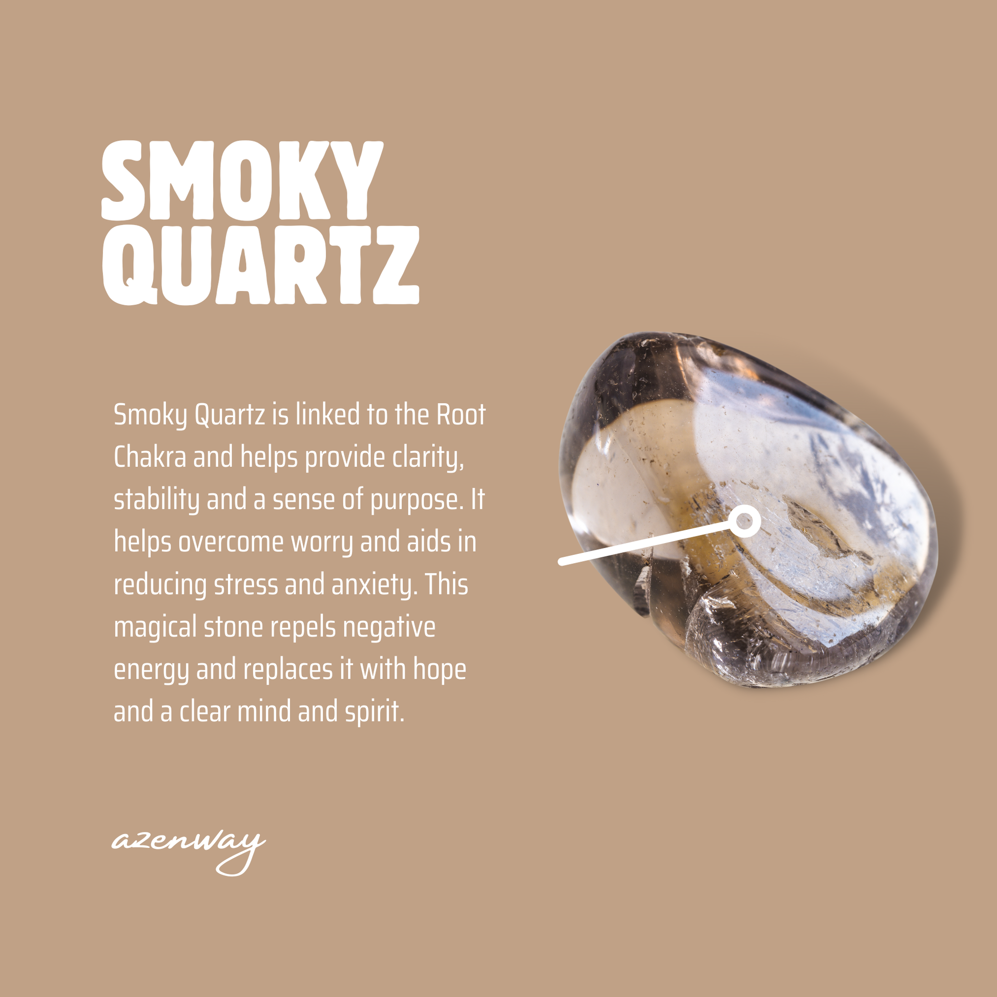 Smoky Quartz meaning card featuring a polished smoky quartz stone and details about its grounding and clarifying properties.