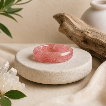 Polished strawberry quartz crystal ring with translucent pink tones and natural sparkling inclusions displayed on a textured cream stone pedestal, surrounded by clear quartz, driftwood, greenery, and soft beige fabric.