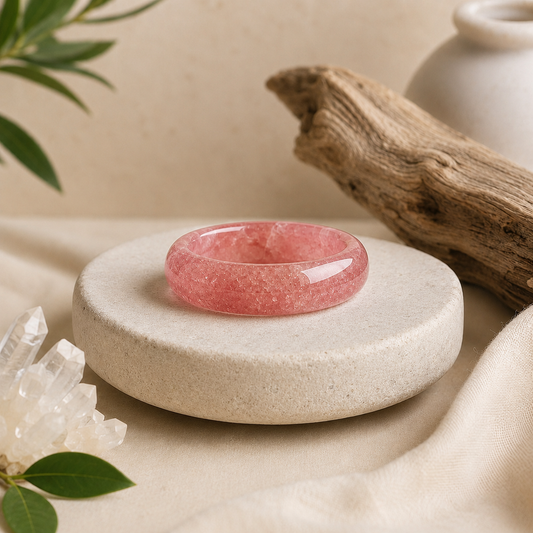 Polished strawberry quartz crystal ring with translucent pink tones and natural sparkling inclusions displayed on a textured cream stone pedestal, surrounded by clear quartz, driftwood, greenery, and soft beige fabric.