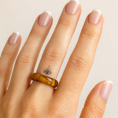 Hand wearing a polished Tiger’s Eye crystal ring with a smooth golden-brown stone band