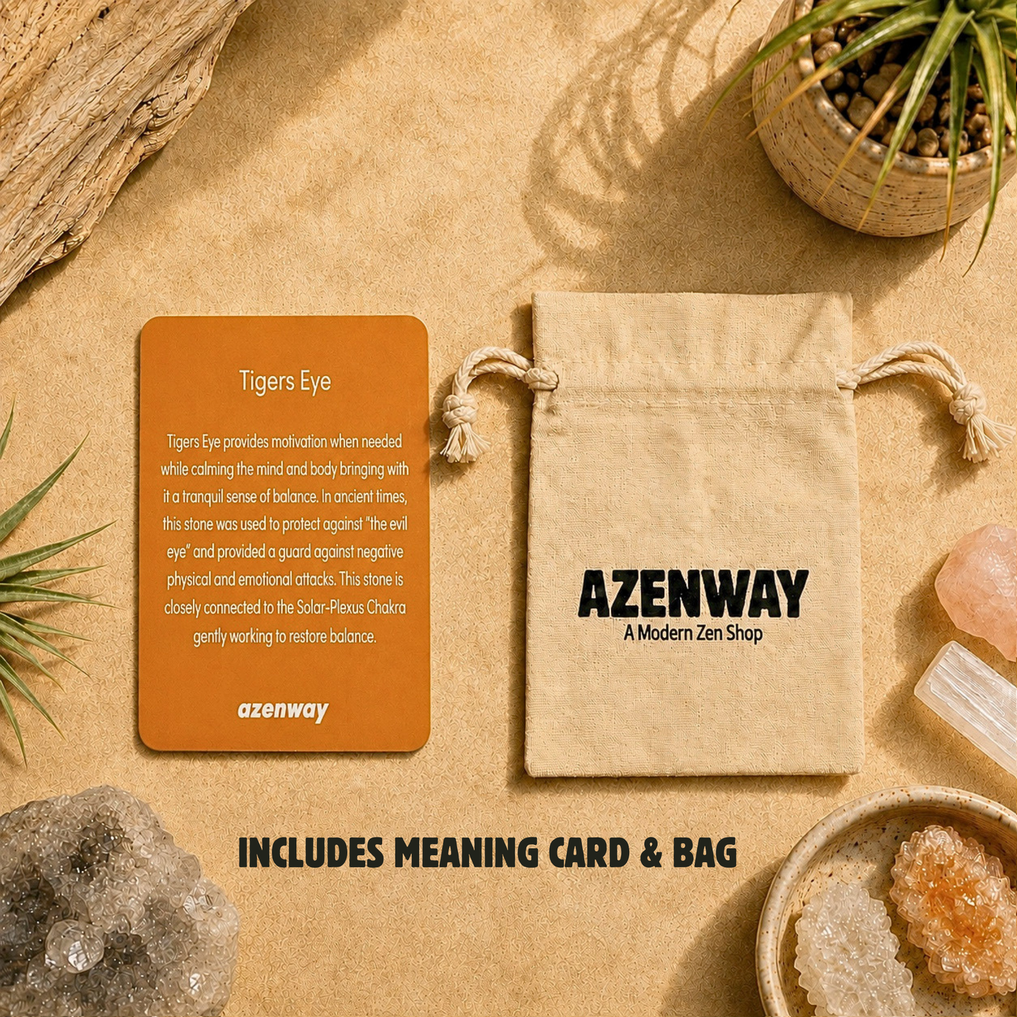 Tiger’s eye meaning card and Azenway drawstring bag displayed on a warm, zen-inspired background with plants and crystals. Text reads “Includes Meaning Card & Bag.”