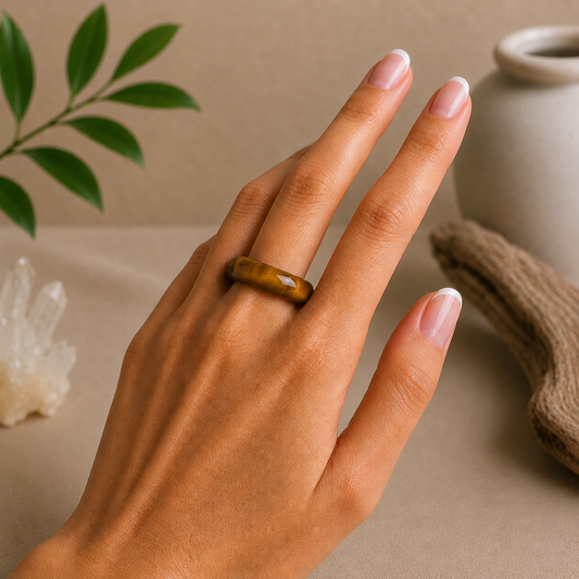Polished tiger’s eye crystal ring worn on a hand with a French manicure, styled against a warm beige zen-inspired background with clear quartz, driftwood, greenery, and a ceramic vase.