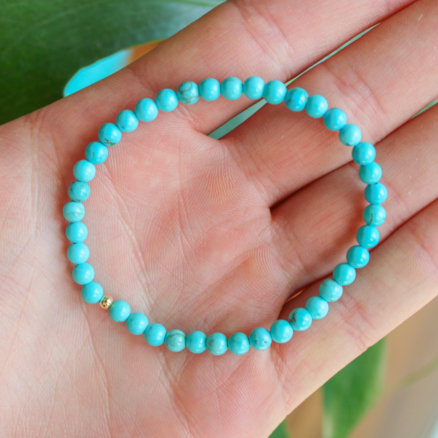 Turquoise Healing Crystal Energy Bracelet with 4mm Natural Gemstones and 14K Gold-Filled Hypoallergenic Bead