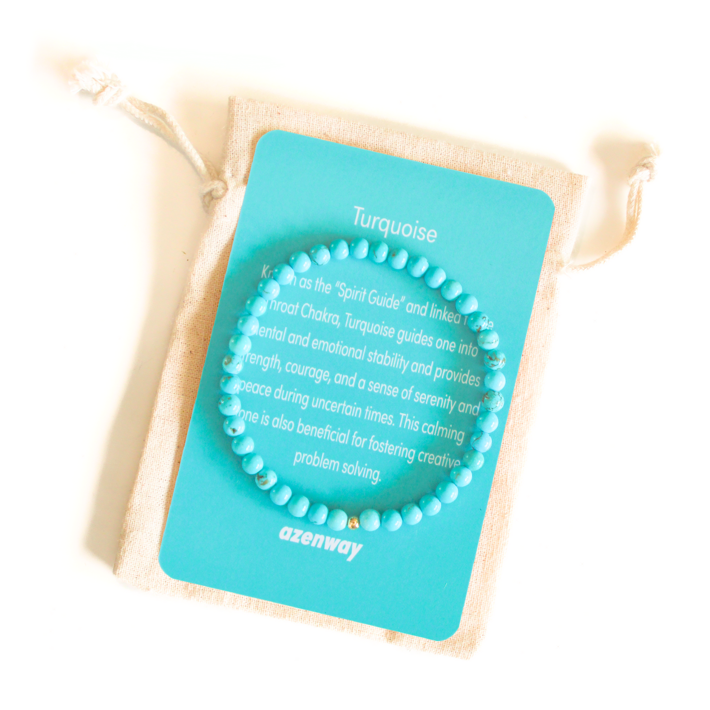 Turquoise gemstone bracelet displayed on an Azenway meaning card and cotton pouch, featuring 4mm beads with a gold-filled accent.