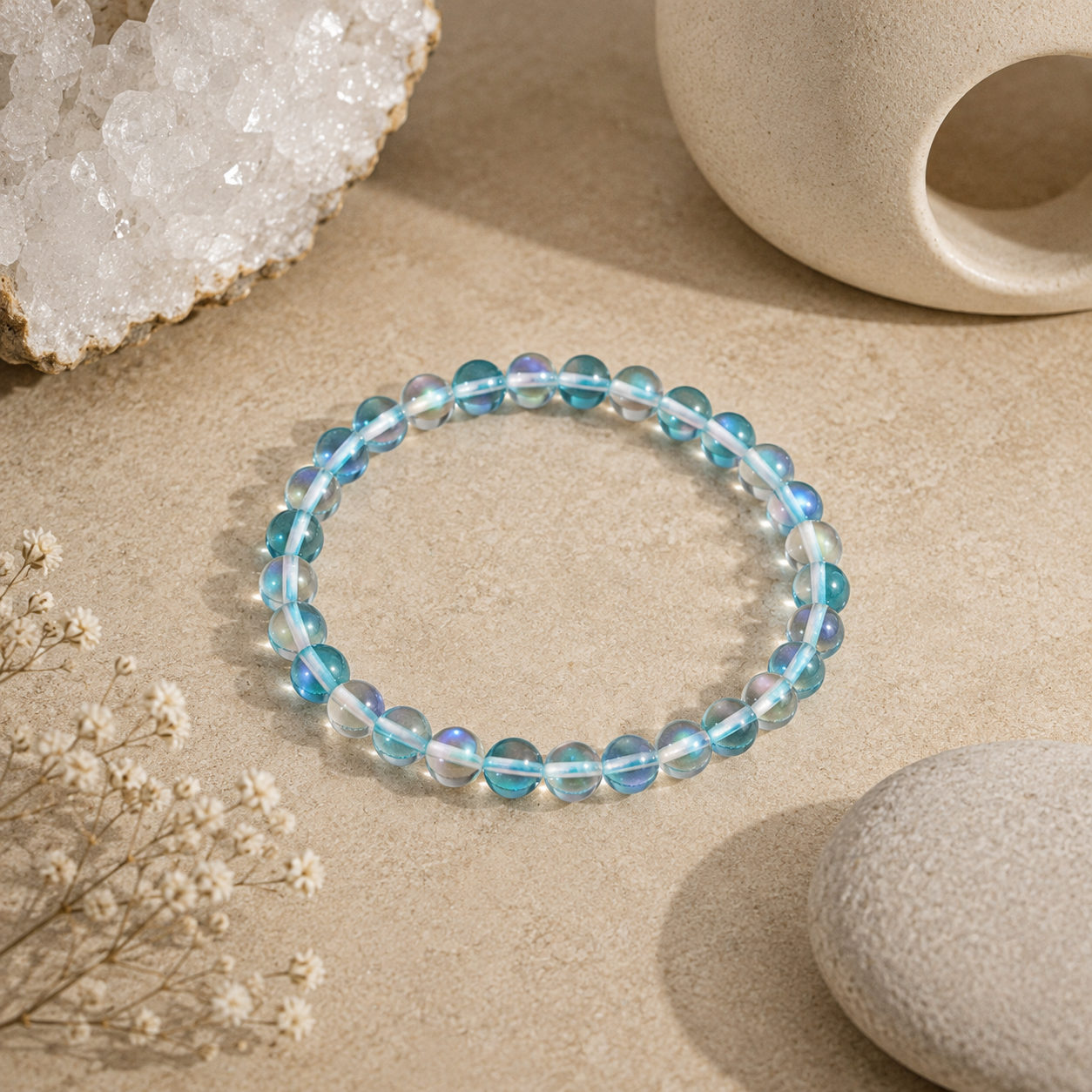 Handmade Turquoise Mystic Glass stretch bracelet featuring premium 6mm iridescent glass beads on a warm neutral stone surface with natural crystals and zen-inspired décor. Lightweight bracelet shimmers with vibrant turquoise tones and luminous reflections.
