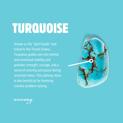 Azenway turquoise meaning card describing the stone’s connection to the Throat Chakra, emotional stability, strength, and peaceful energy.