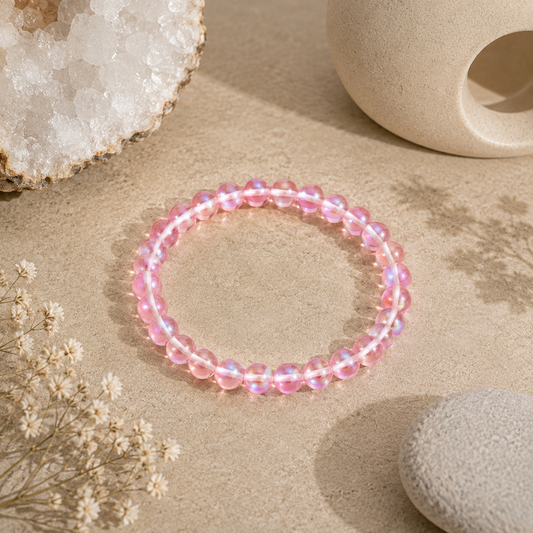 Handmade Violet Mystic Glass stretch bracelet featuring premium 6mm iridescent glass beads on a warm neutral stone surface with natural crystals and zen-inspired décor. Lightweight bracelet shimmers with soft violet tones and luminous reflections.