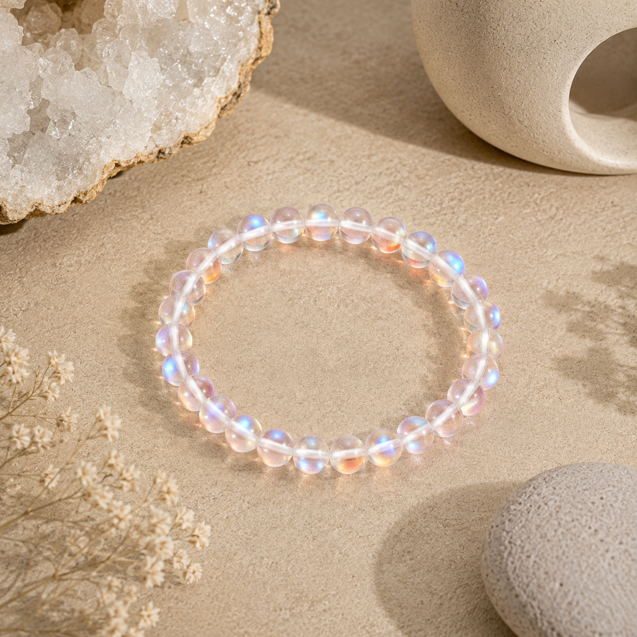 Handmade White Mystic Glass stretch bracelet featuring premium 6mm iridescent glass beads on a warm neutral stone surface with natural crystals and zen-inspired décor. Lightweight bracelet shimmers with soft white tones and luminous rainbow reflections.