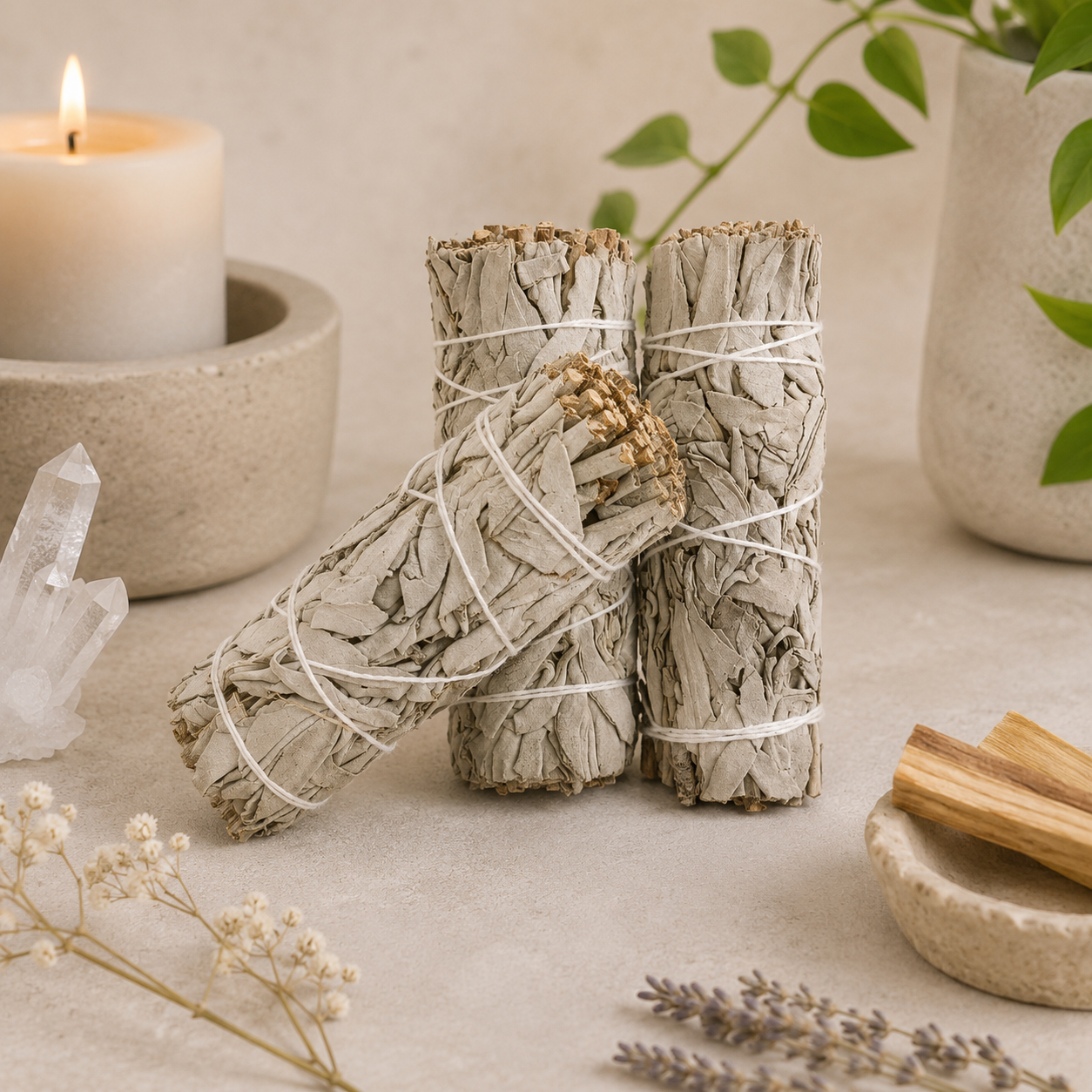 Three natural White Sage smudge bundles displayed on a warm neutral surface in a calming, minimalist arrangement. A glowing candle, clear quartz crystal point, green potted plants, dried botanicals, and a Palo Santo holder surround the hand-tied sage bundles, creating a peaceful, zen-inspired product display.