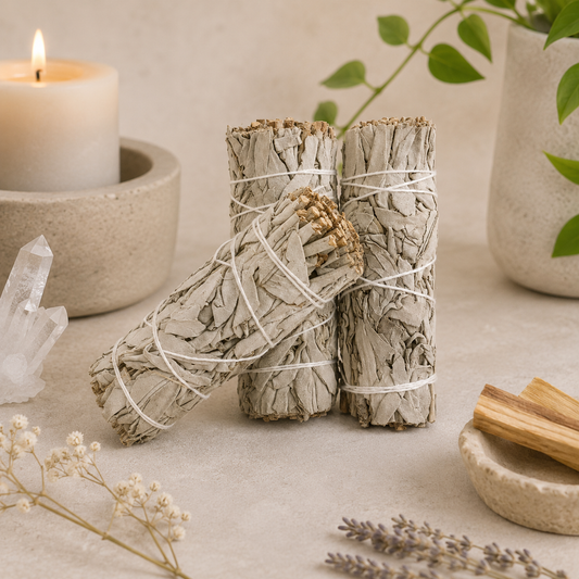 Three natural White Sage smudge bundles displayed on a warm neutral surface in a calming, minimalist arrangement. A glowing candle, clear quartz crystal point, green potted plants, dried botanicals, and a Palo Santo holder surround the hand-tied sage bundles, creating a peaceful, zen-inspired product display.