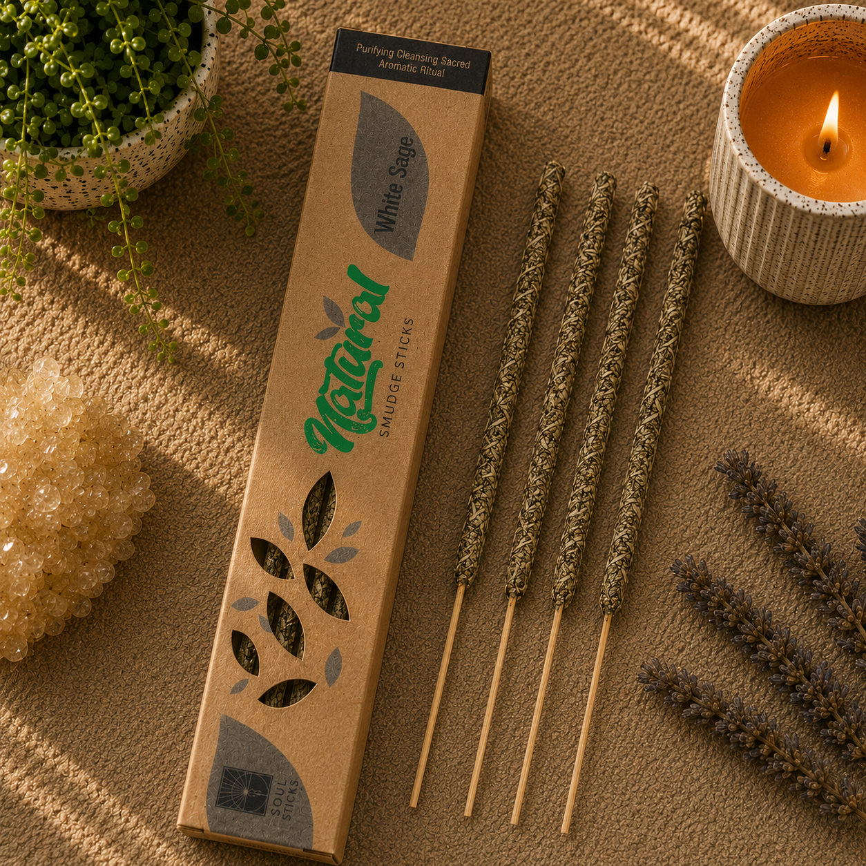 White Sage herbal smudge sticks displayed beside their eco-friendly kraft packaging on a warm neutral surface. The botanical-coated incense sticks are paired with a lit candle, green potted plant, lavender sprigs, and a white quartz cluster, creating a warm, calming, zen-inspired product display.