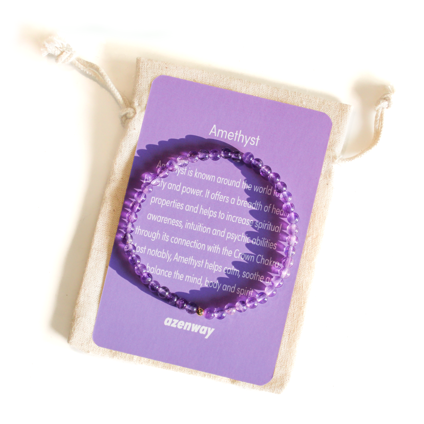 Amethyst gemstone bracelet displayed on Azenway meaning card with organic cotton gift bag.