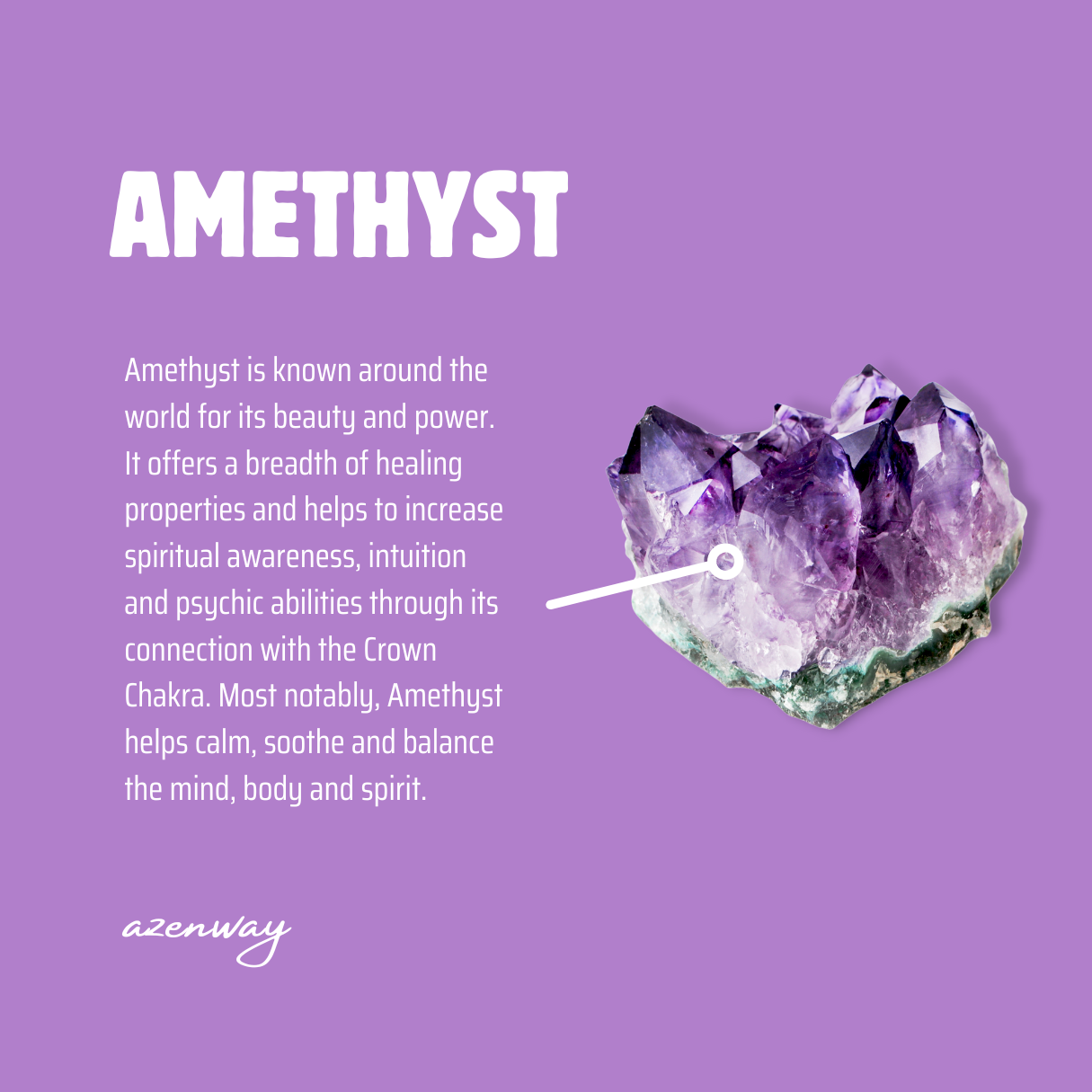 Azenway Amethyst meaning card with raw Amethyst crystal illustration.